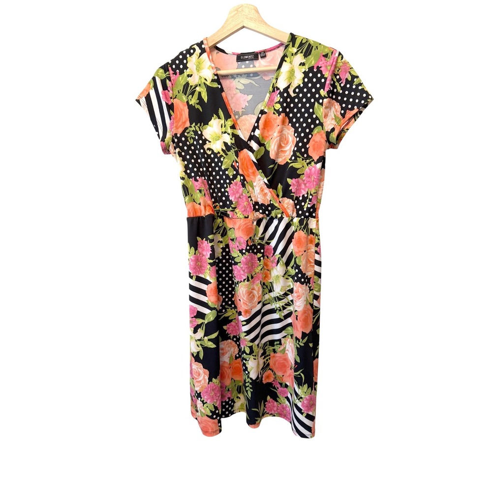 Elementz Petite Floral Polka Dot Stripe Faux Wrap Dress Black Pink PM